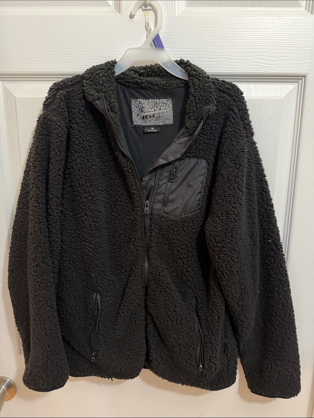 Black Sherpa Fleece Jacket with Zip Chest Pocket - Kids